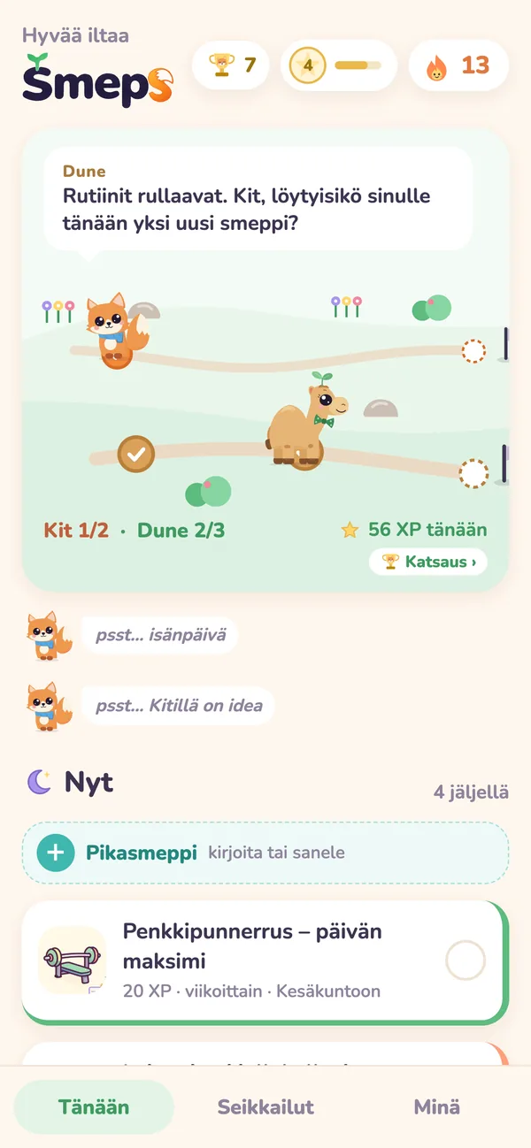 Smepsin Tänään-näkymä: Kitin ja Dunen polku ja päivän smepit