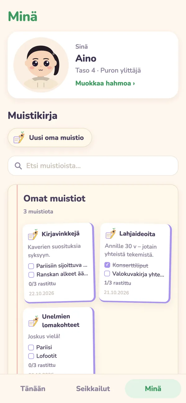 Minä-sivu: oma hahmo ja muistikirja
